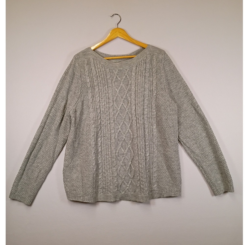 Coastal Grandma Croft & Barrow Womens XXL Grey Cable Knit Crew Neck Sweater